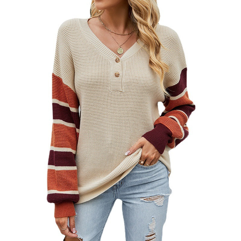 Women's Casual Striped Button Lantern Sleeve Sweaters