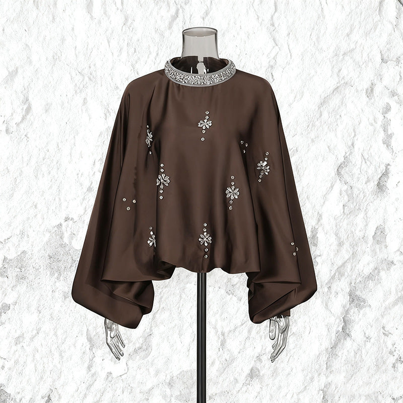 Vintage Style Design Round Neck Rhinestone Loose Blouses