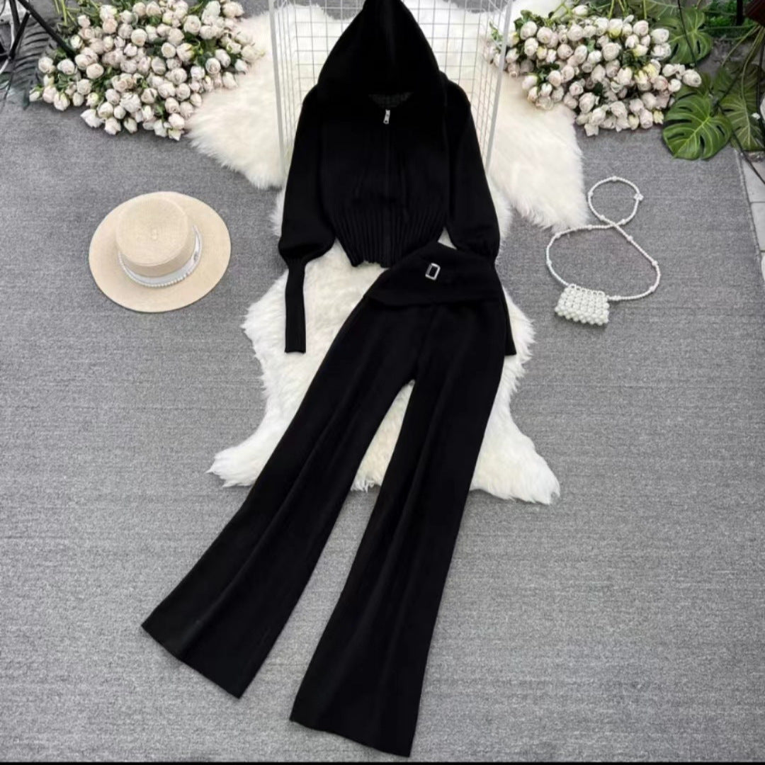 Women's Zipper Slim Fit Knitted Hooded Two-piece Set Suits