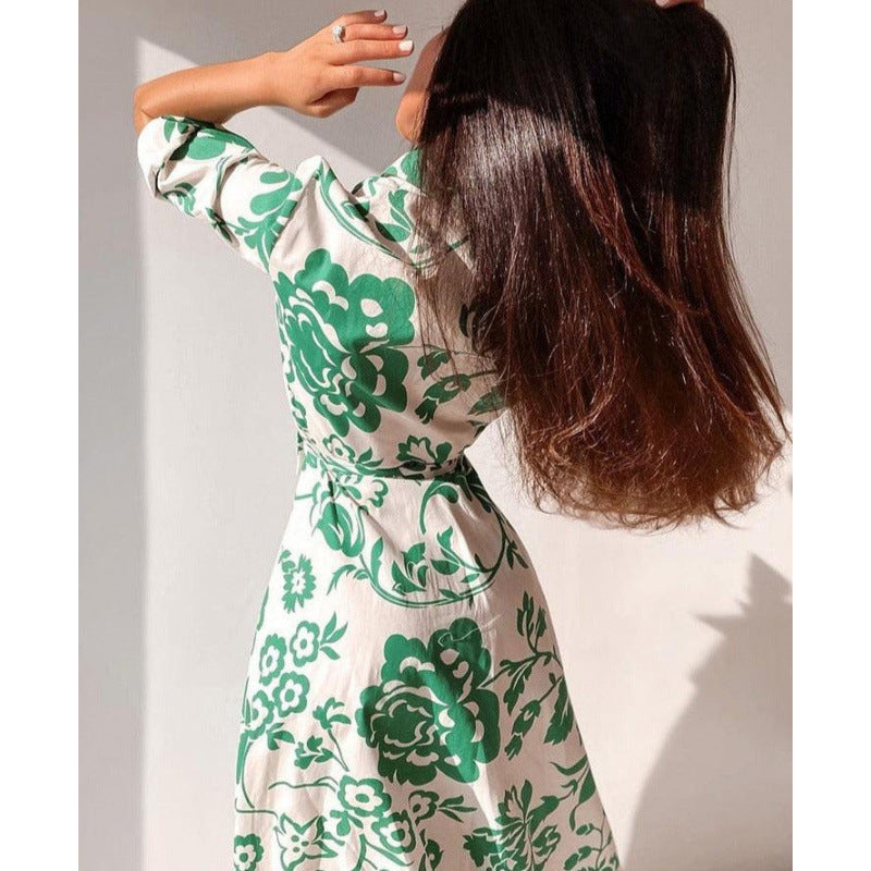 Popular Women's Printed Long-sleeved Lapel Shirt Dress