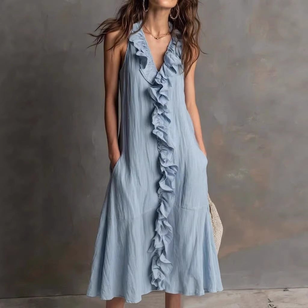 Women's Solid Color Sleeveless Cotton Linen Swing Dress