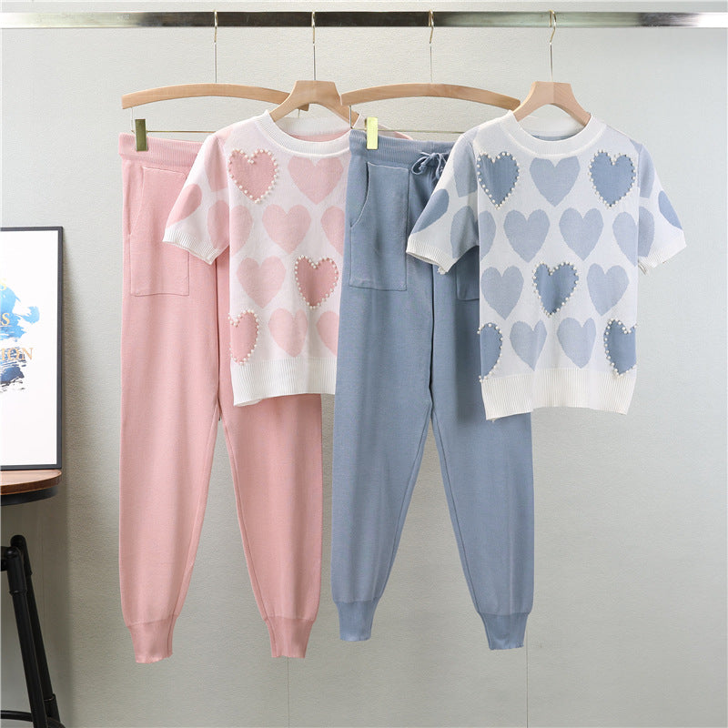Women's Summer Sweet Knitting Sleeve Love Beaded Slim Fit Skinny Fashion Casual Suit