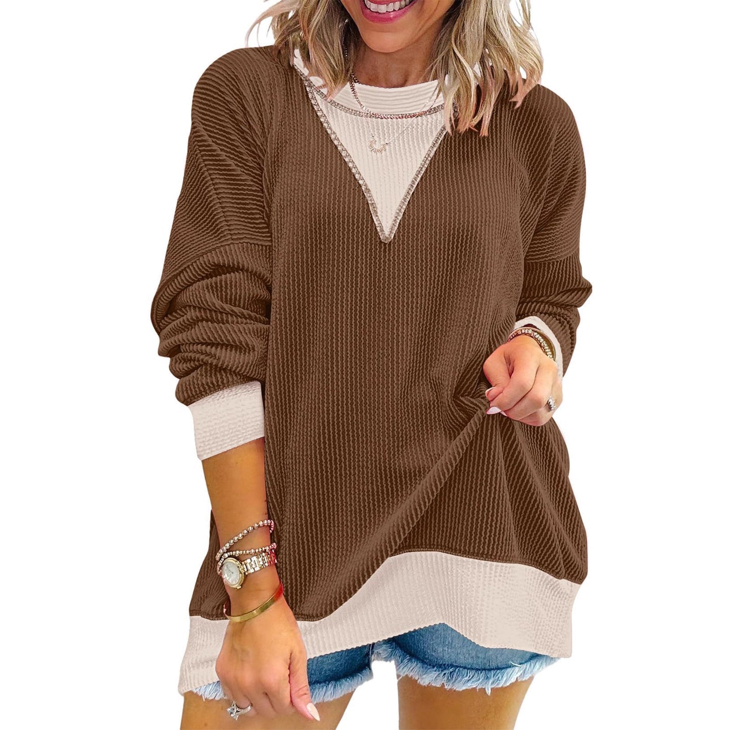 Women's Casual Loose Color Matching Round Neck Long Women's Sweater, Sweater