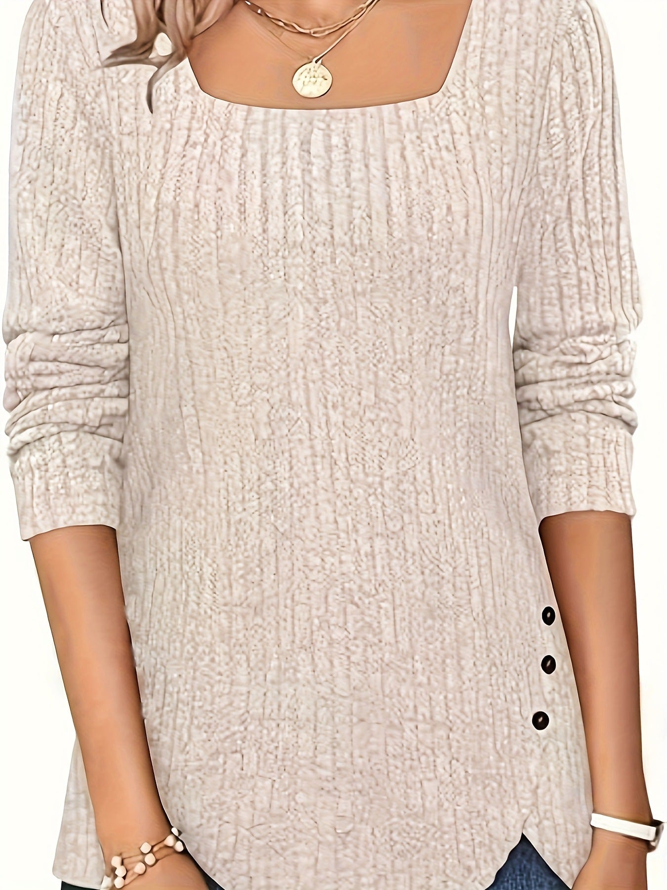 Women's Color Rib Fabric Square Collar Loose Women's T-shirt