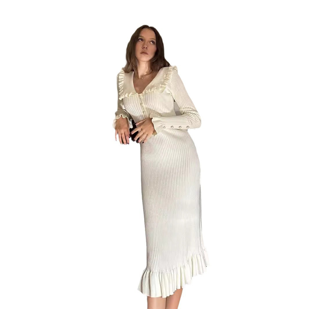 Retro Lady French Dress Ruffled Knitted Dresses
