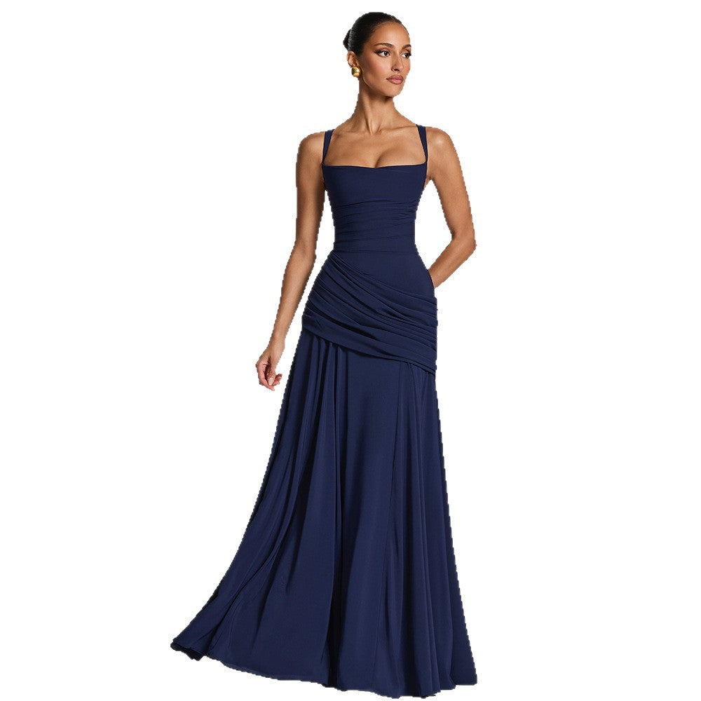 Women's Sexy Solid Color Pleated Low-cut Backless Dress