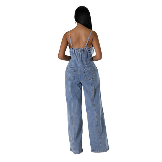 Women's Fashion Casual Sexy Sling Denim Wide Jumpsuits