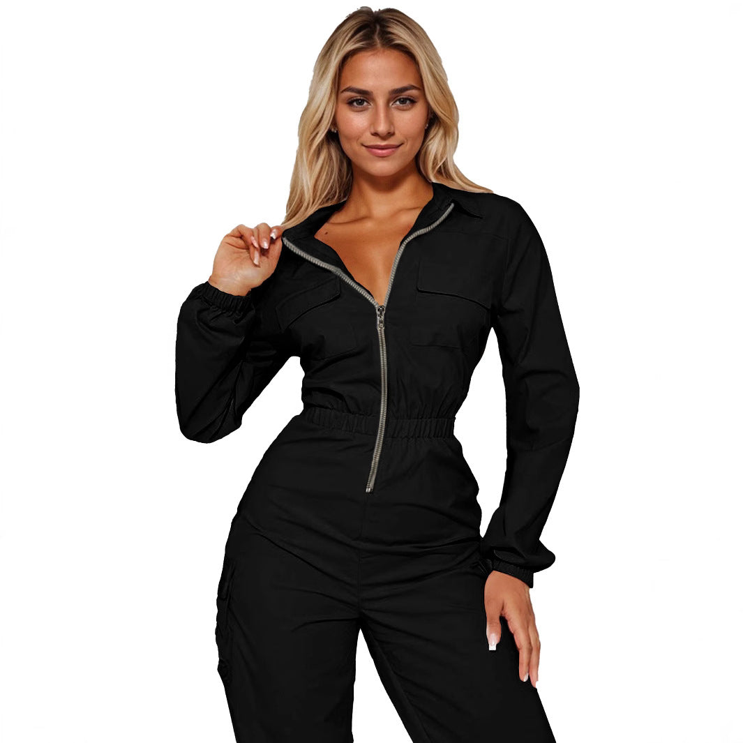 Women's Casual Outing Flip Pocket Coveralls Lapel Jumpsuits