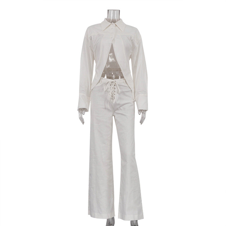 Women's Design White Shirt Hollow Out Tied Suits