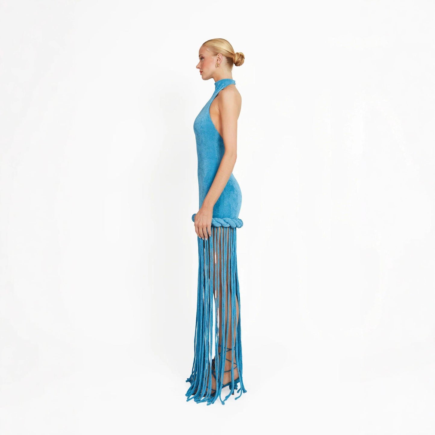 Collar Halter Veet Dress Blue Slim Fit Tassel Dresses