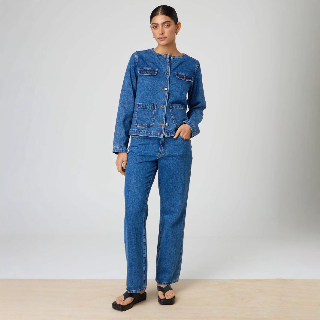 Women's Glamorous Fashion Round Blue Denim Jackets