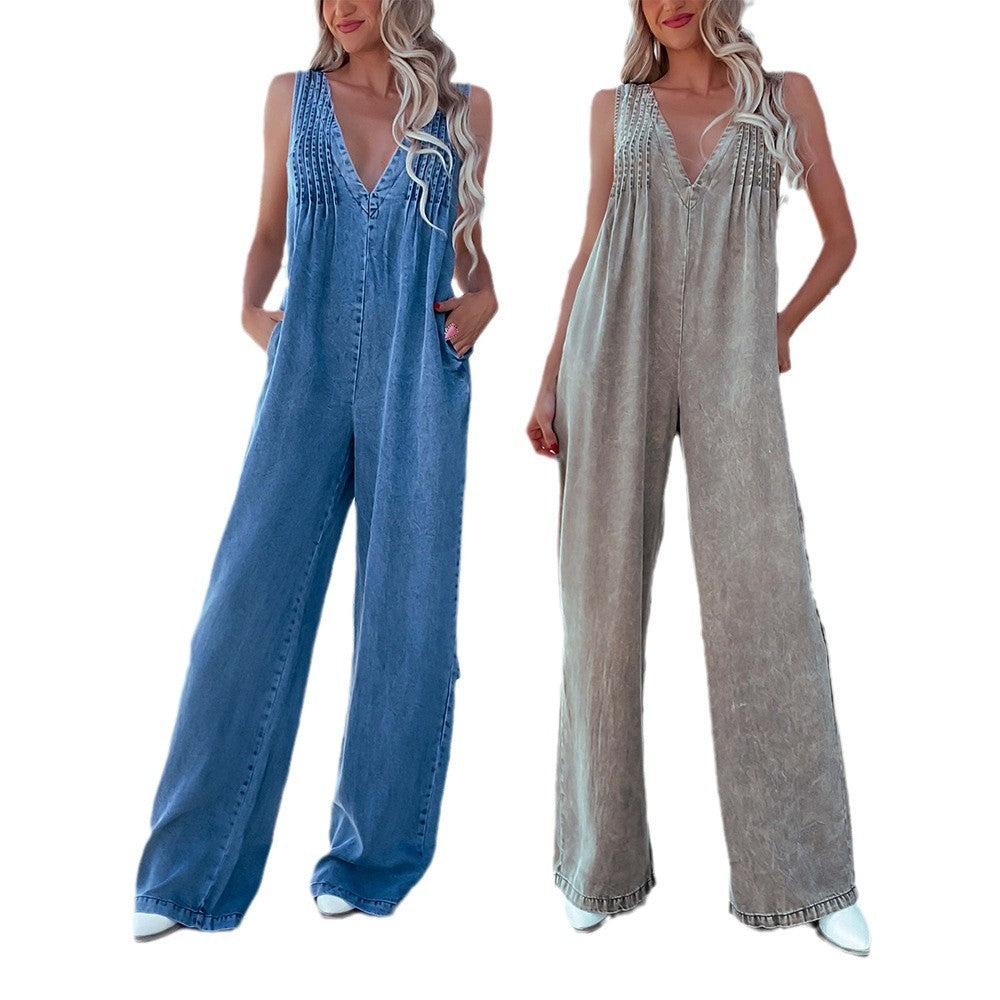Women's Fashion Wear Sleeveless Sexy Backless Washed Jumpsuits
