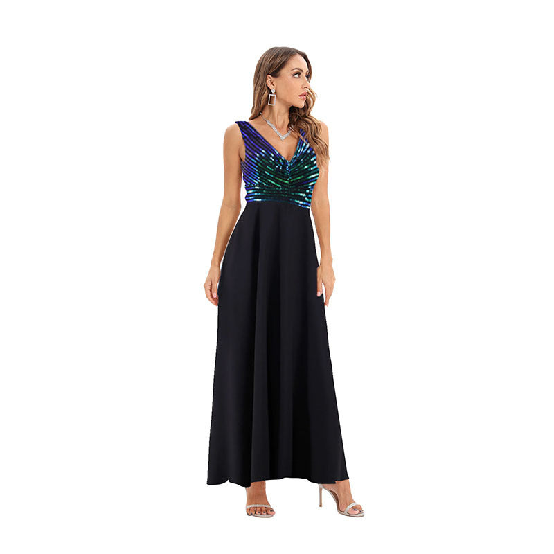 Women's Sexy Sequined Striped Embroidery Long Dress Dresses