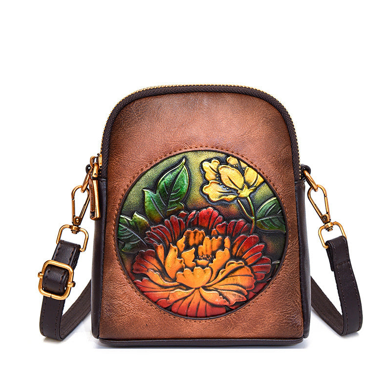 Women's Beautiful Ethnic Leather Carved Peony Phone Bags