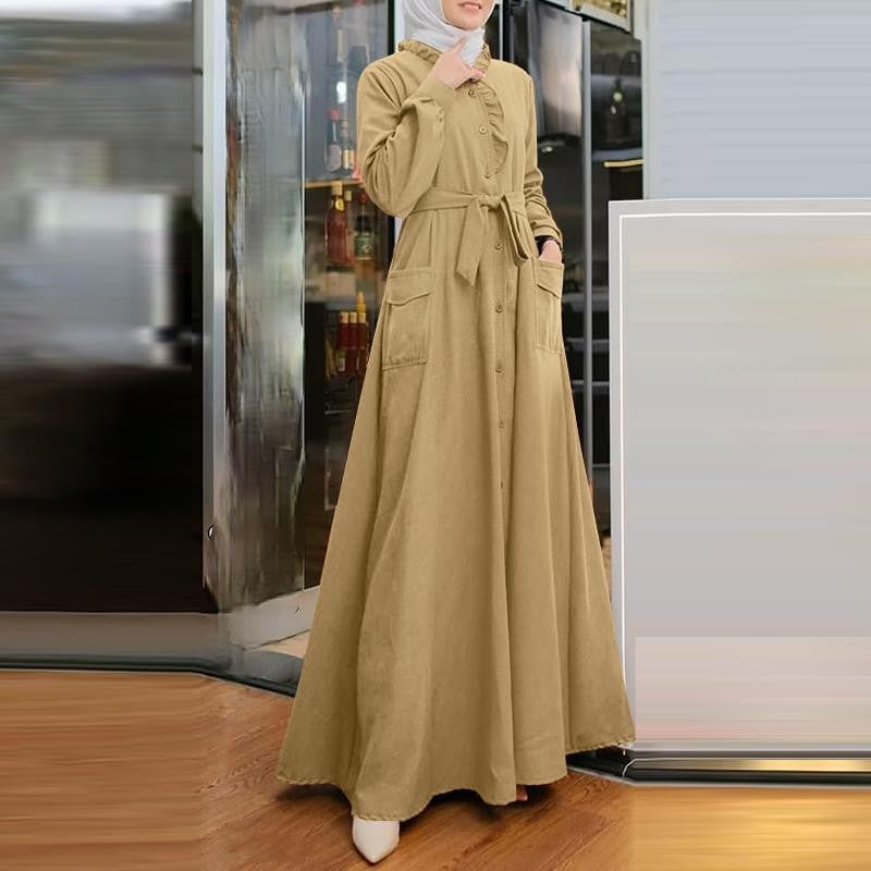 Women's Style Arab Temperament Pure Color Ruffled Dresses