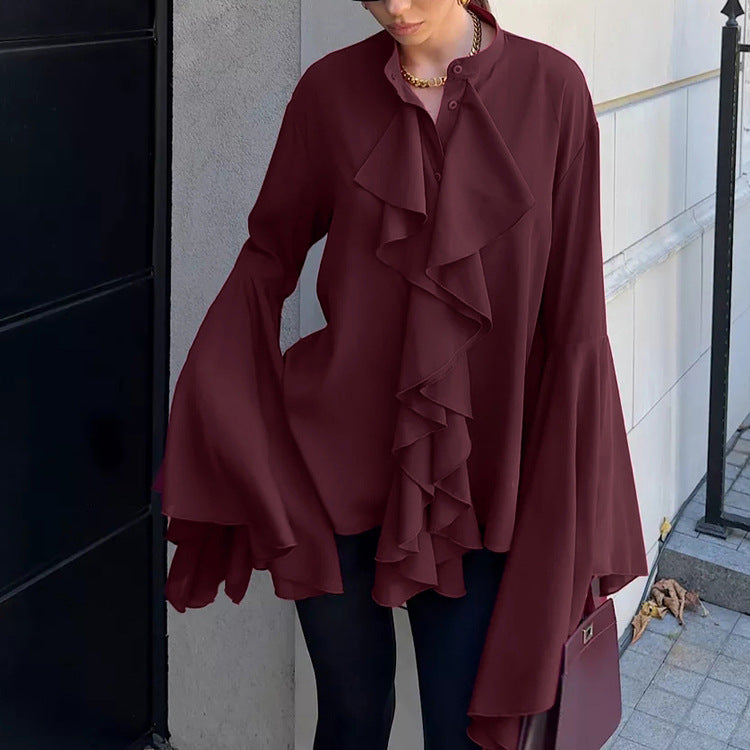 Women's Ruffled Shirt Small Stand-up Collar Flared Blouses