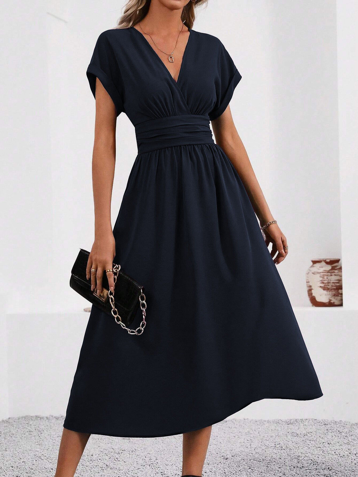 Women's Color Overlapping Batwing Sleeve Waist Pleated Dress