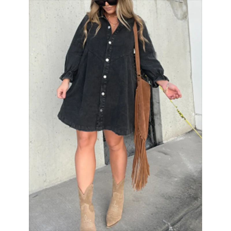 Washed Shirt Denim Lantern Sleeve Loose Dresses