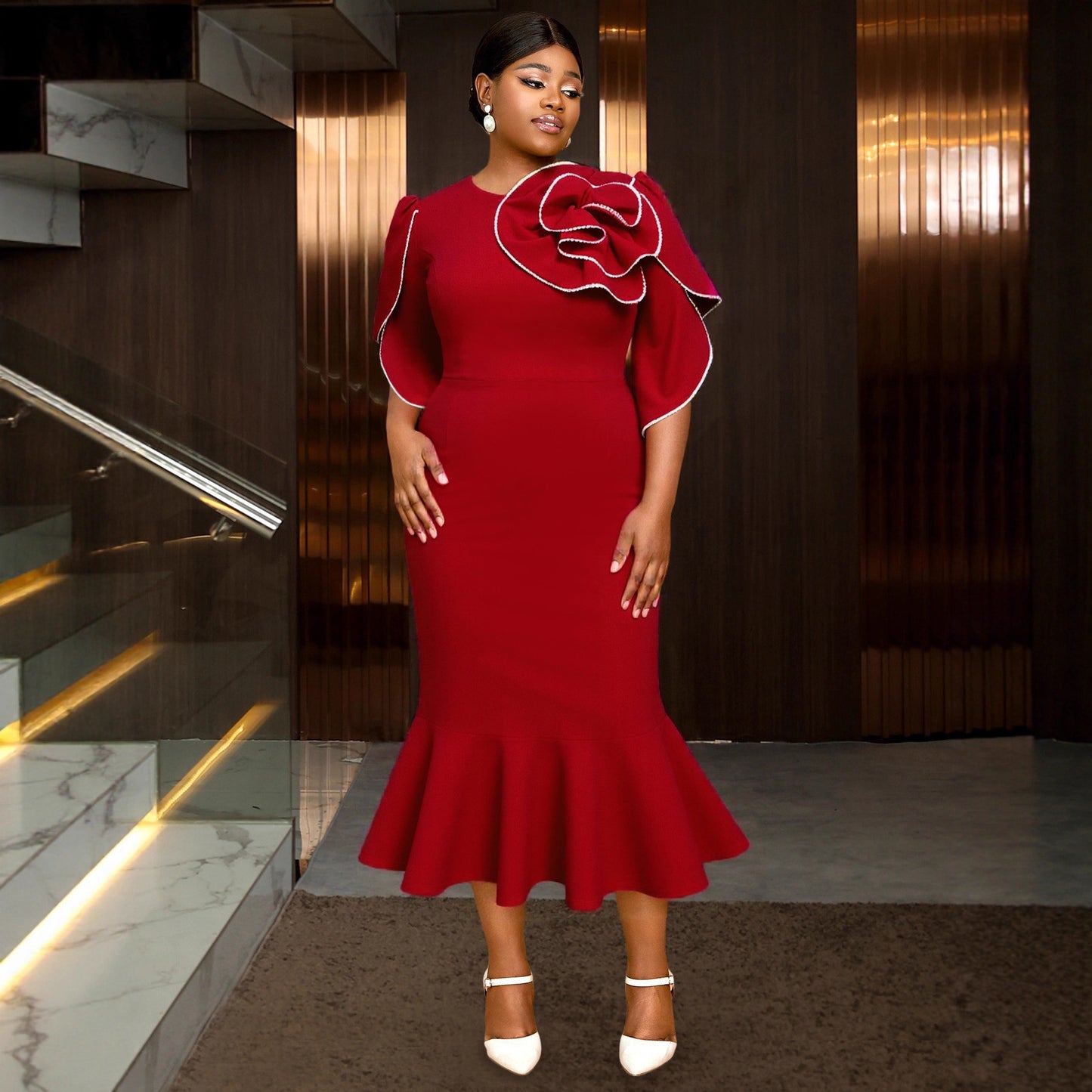 Women's Three-dimensional Flower Dress Round Neck Shirt With Dresses