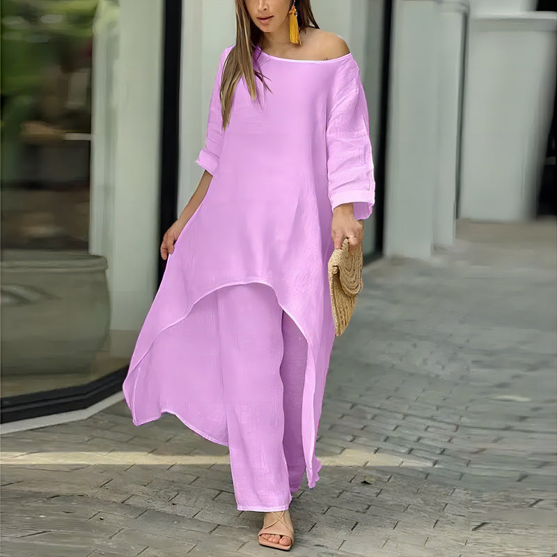 Women's Cotton Linen Irregular Long Sleeve Wide Leg Suits