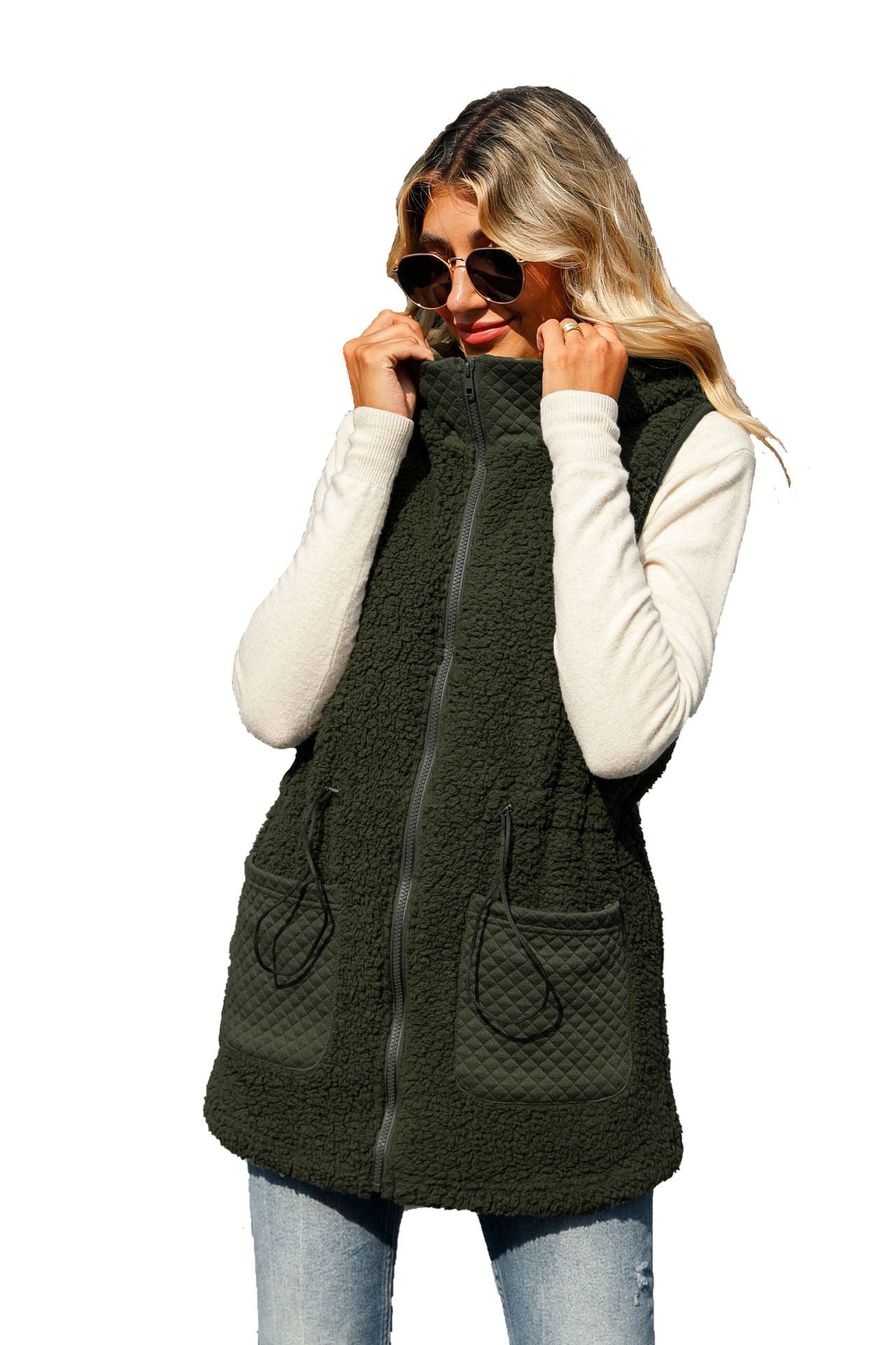 Women's Shiny Veet Autumn Hooded Sleeveless Zipper Mid-length Solid Color Vests