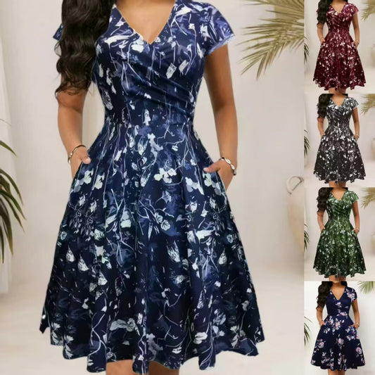 Women's Summer Pocket Sleeve Popular Floral Print Long Dress