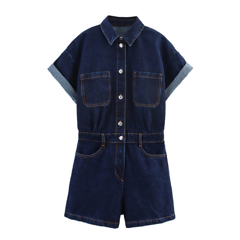Women's Summer Rollneck Shirt Pocket Decoration Denim Jumpsuits