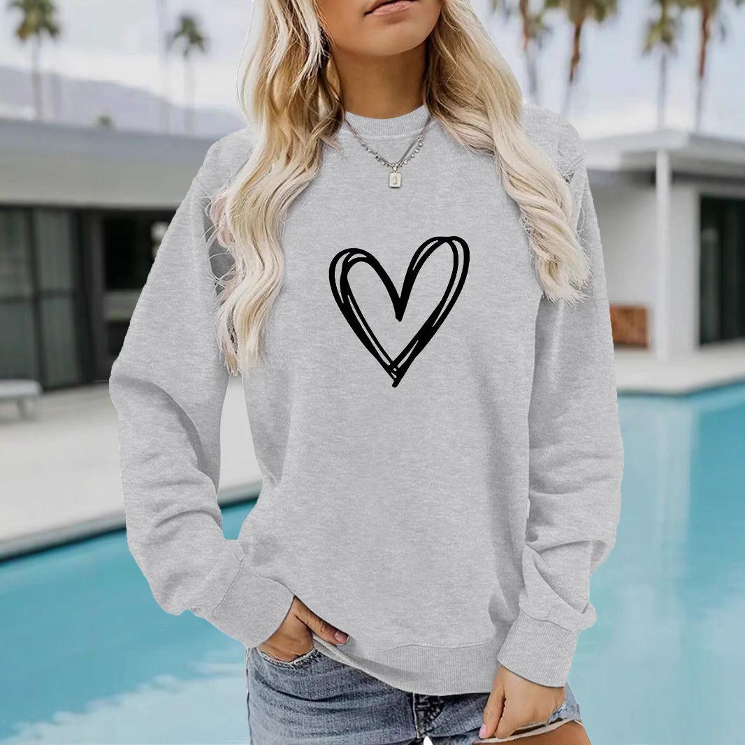 Women's Casual Long-sleeved Round Neck Heart Shape Printed Women's Sweater, Sweater