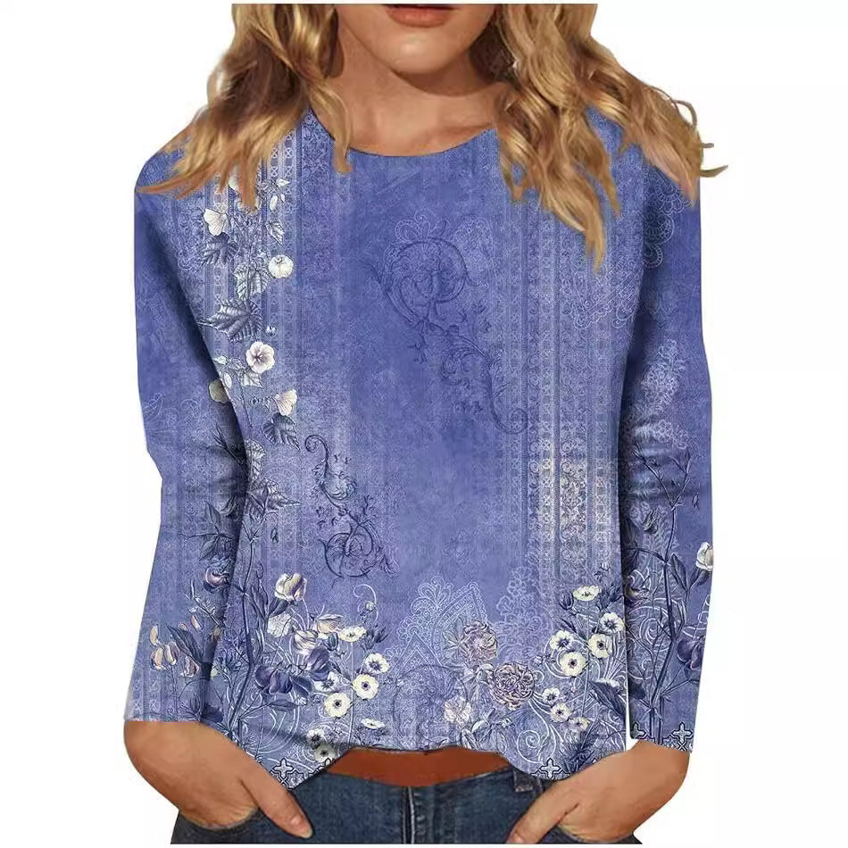Women's Round Neck Long Sleeve Loose Print Tops
