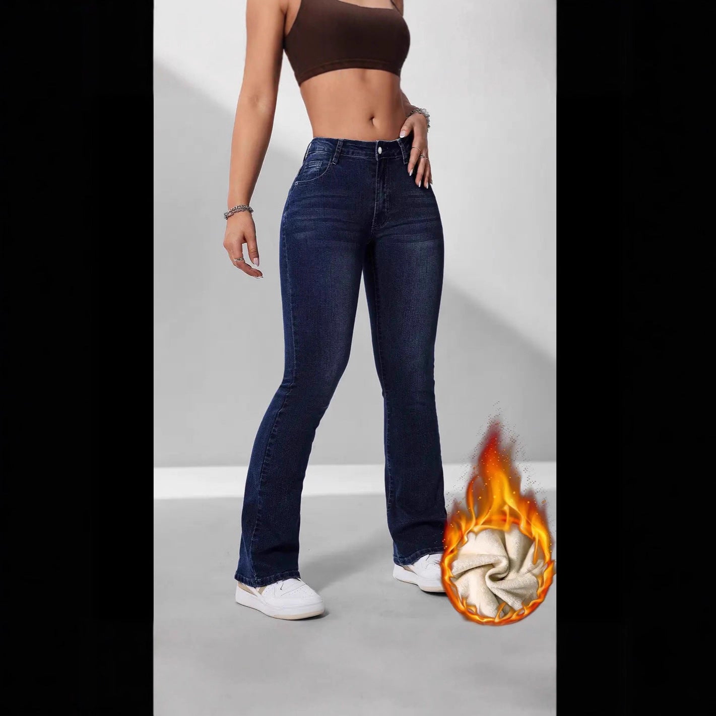 Women's Retro Fleece-lined Blue Denim Stretch Horn Jeans