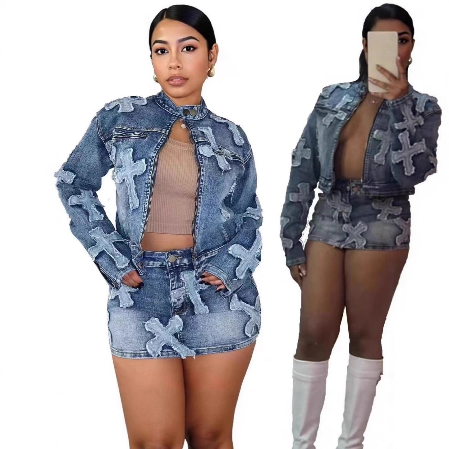 Elegant Autumn Stretch Denim Cross Embroidered Jackets