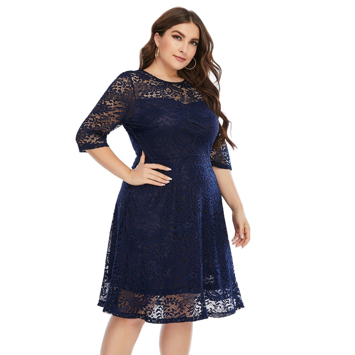 Women's Round Neck Lace Mid-length Formal Dress Dresses
