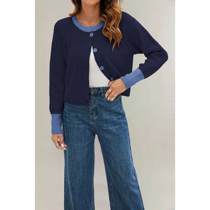 Women's Fashion Round Neck Single Row Button Contrast Color Sweaters