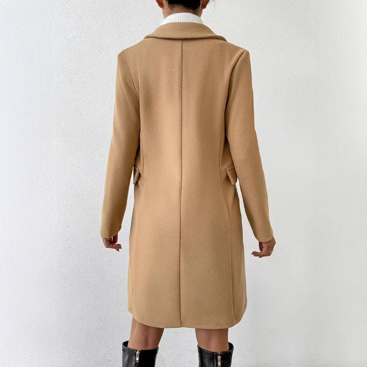 Women's Woolen Elegant Fashion Polo Collar Solid Color Mid-length Double-breasted Coats
