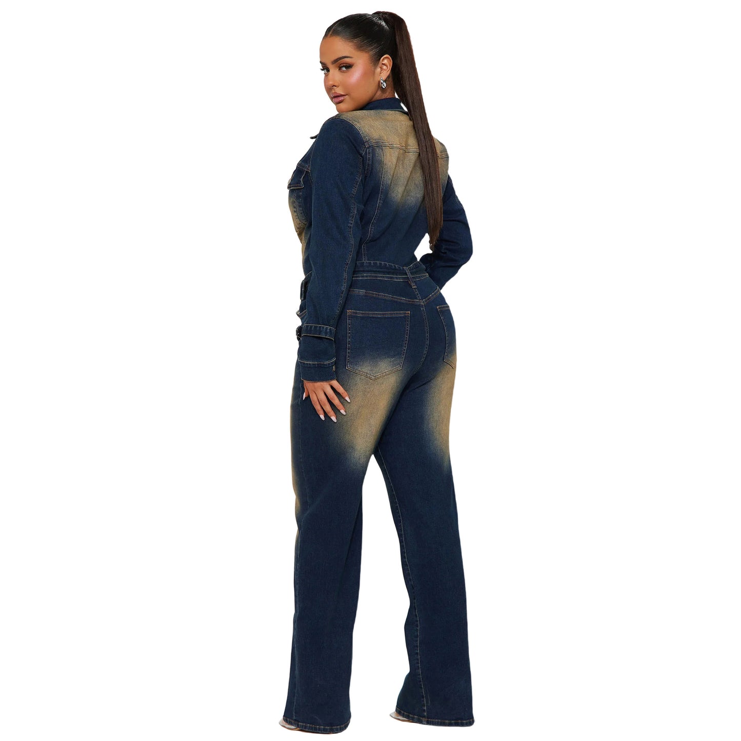 Slim Stretch Trumpet Washed Long Sleeve Jumpsuits