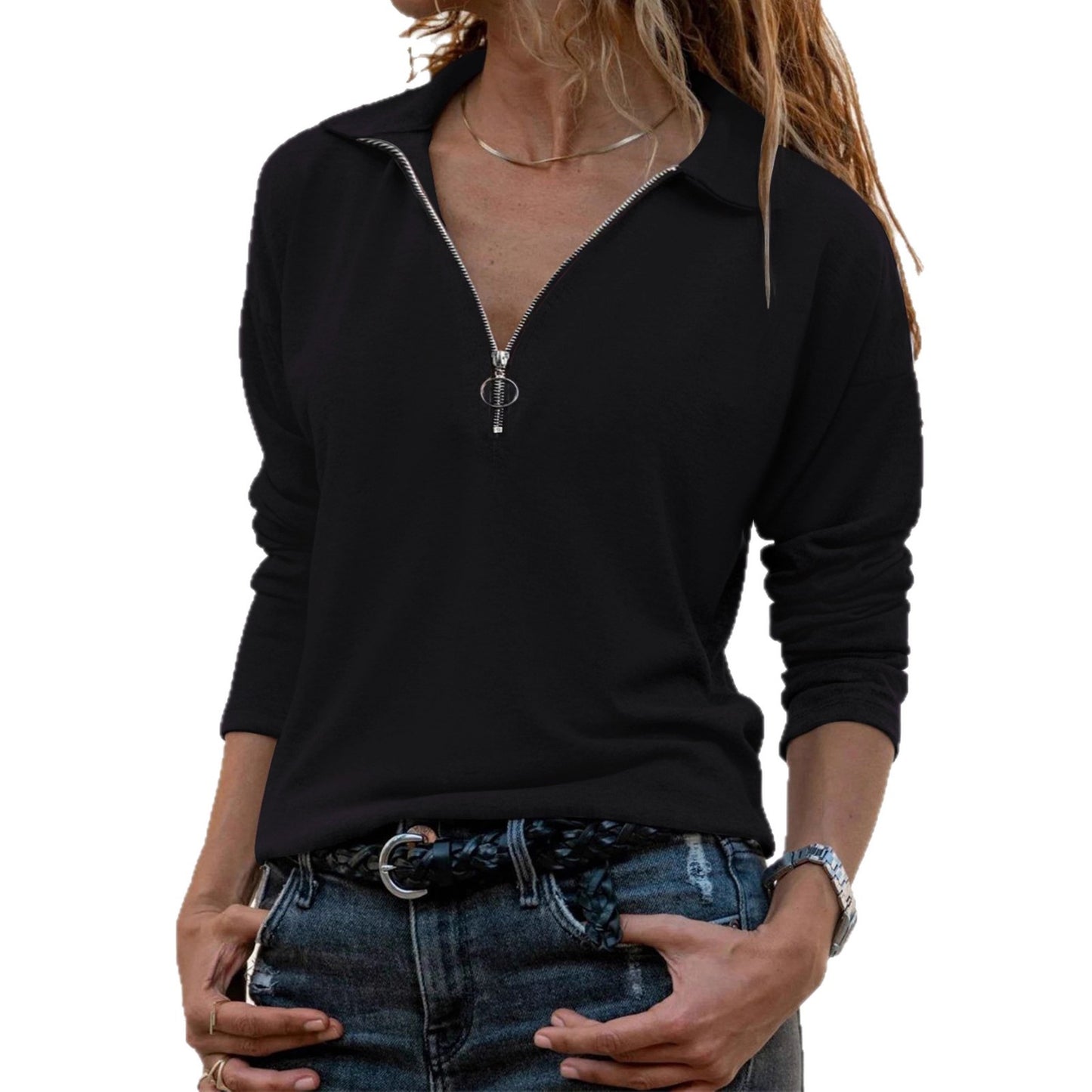 Women's Knitted Fabric Lapel Zipper Casual Long Women's T-shirt