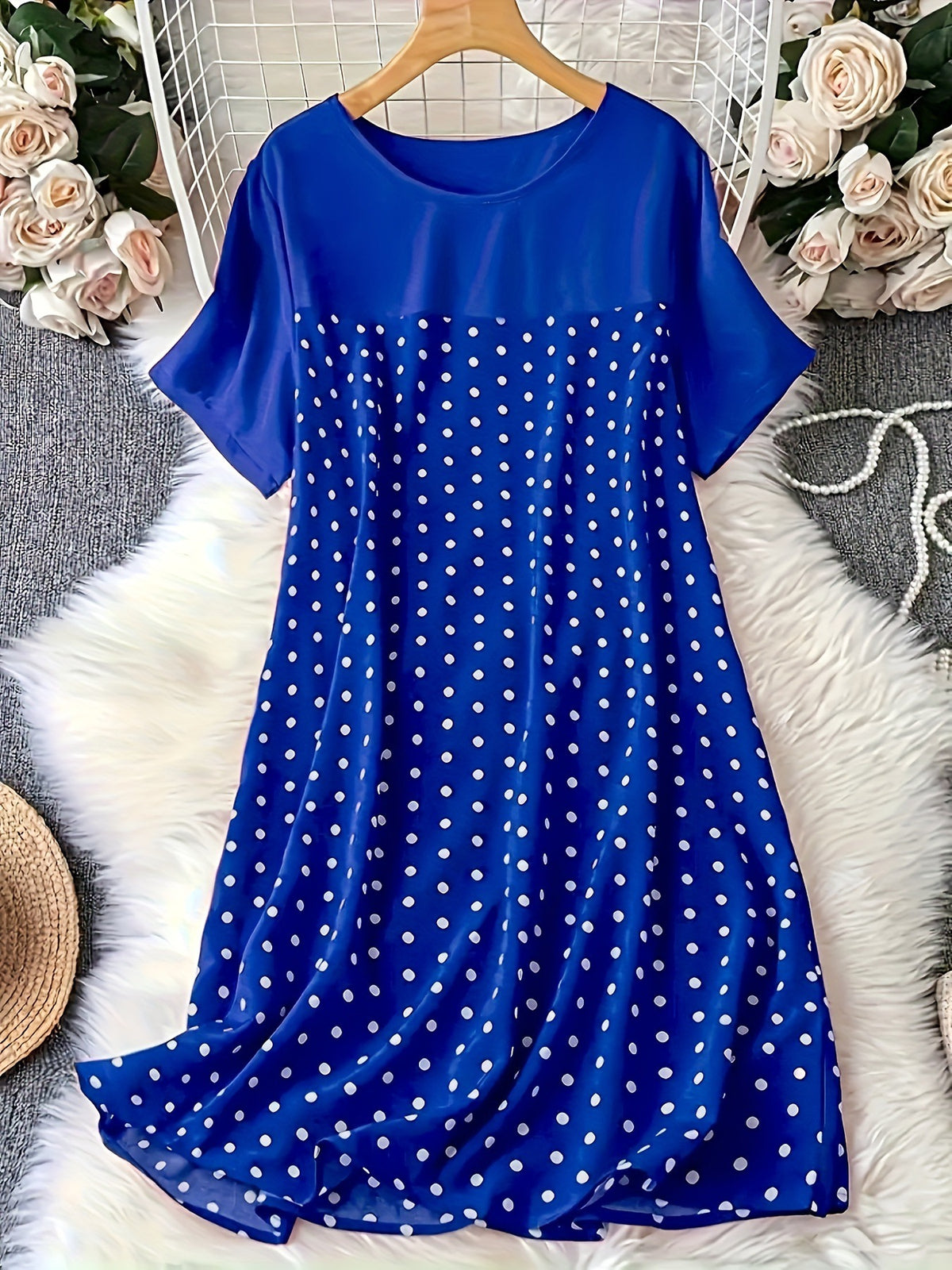 Women's Polka Dot Round Neck Sleeve Nightdress Dress