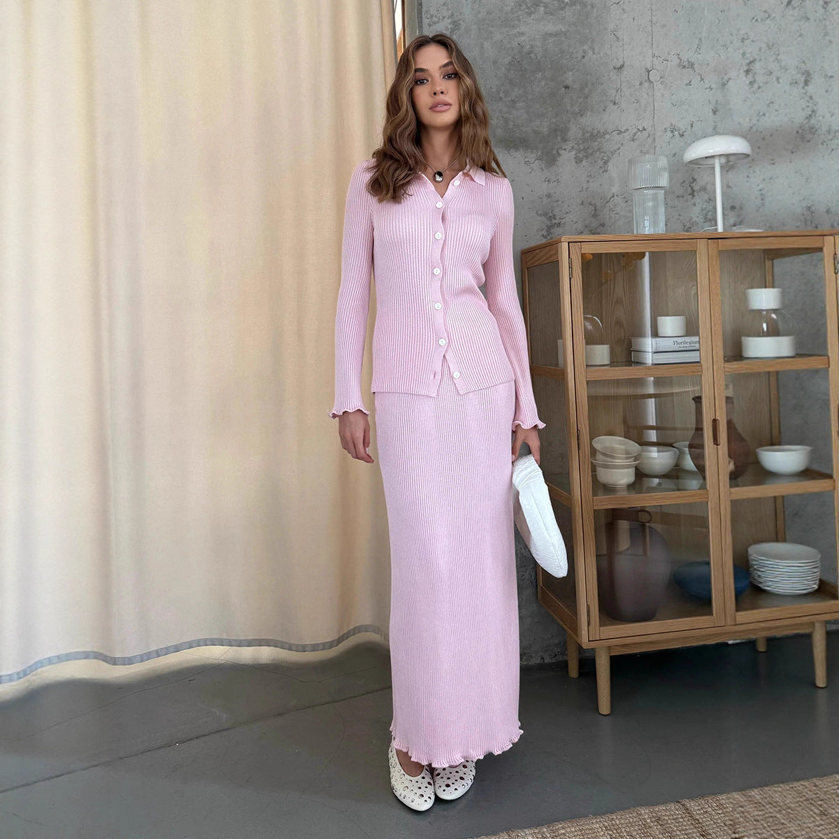 Women's Collar Long Sleeve Wooden Ear Knitted Suits