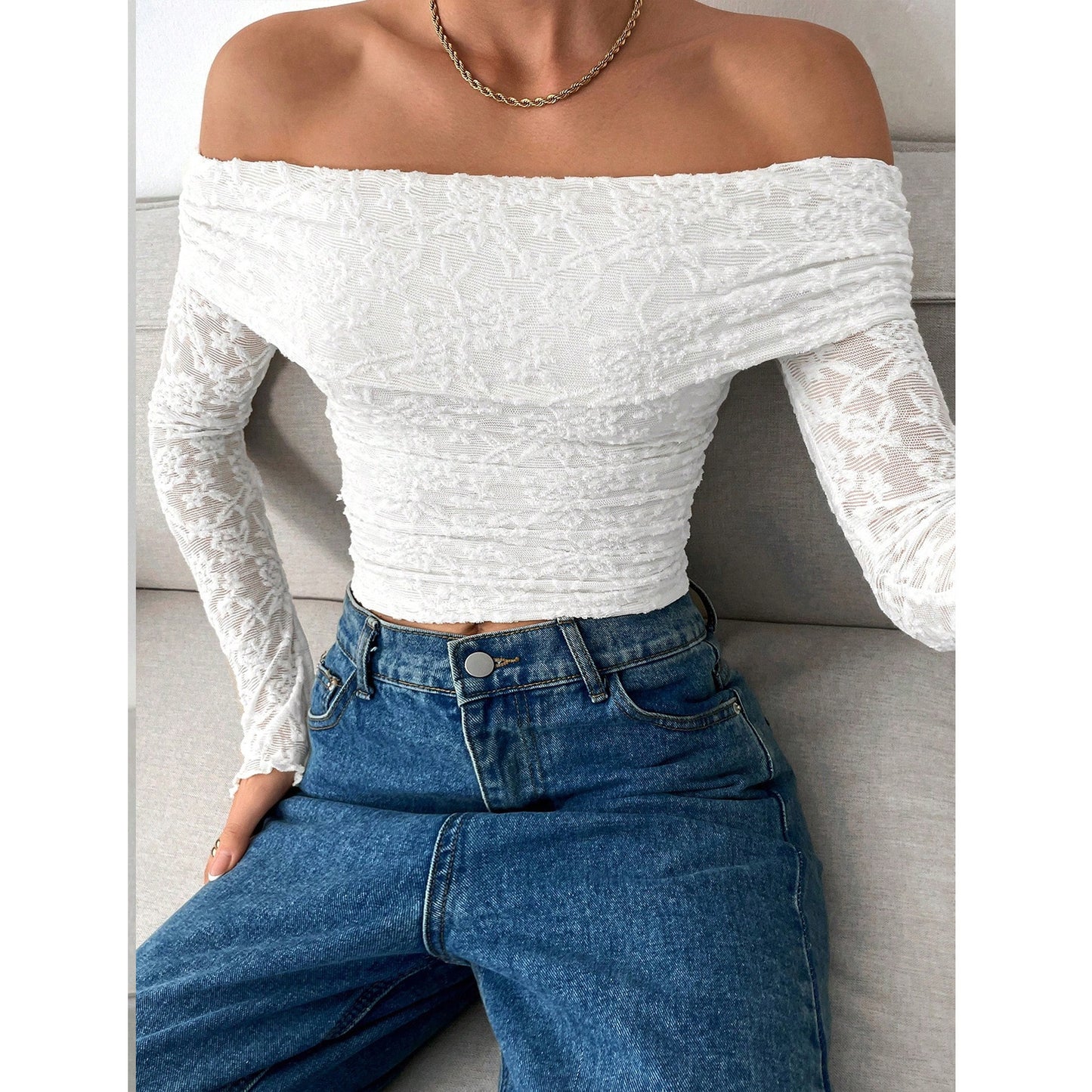 Women's Flower Lace Collar Long Sleeve Backless Blouses