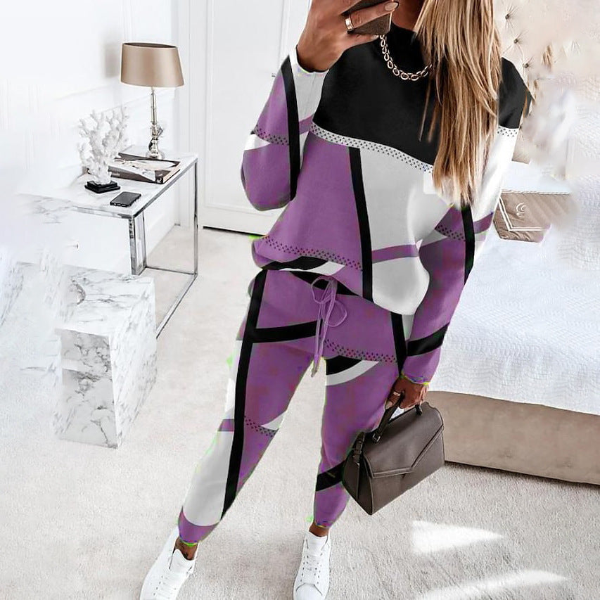 Women's Two-piece Printing Color Contrast Long Sleeve Suits