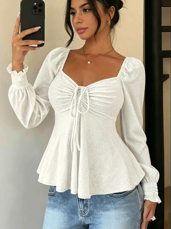 Women's Drawstring Smocking Sexy Sleeve Solid Color Women's T-shirt