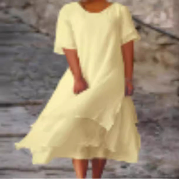 Cotton Linen Color Matching Slit Sleeve Dresses