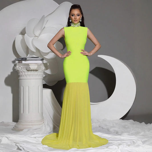 Women's Bandage Mesh Stitching Long Dress Diamond Turtleneck Dresses