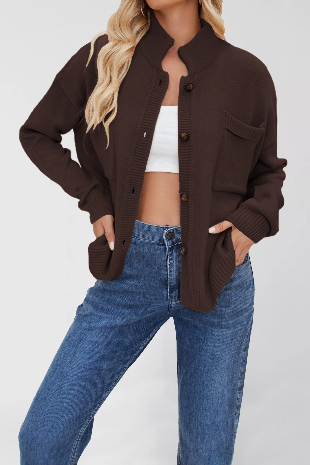 Classy Versatile Knitted Standing Collar Button Sweaters