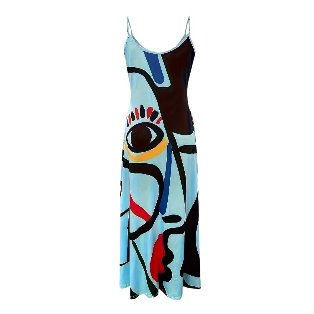 Summer Cool Sling Fashion Deep V Abstract Face Style Digital Dress