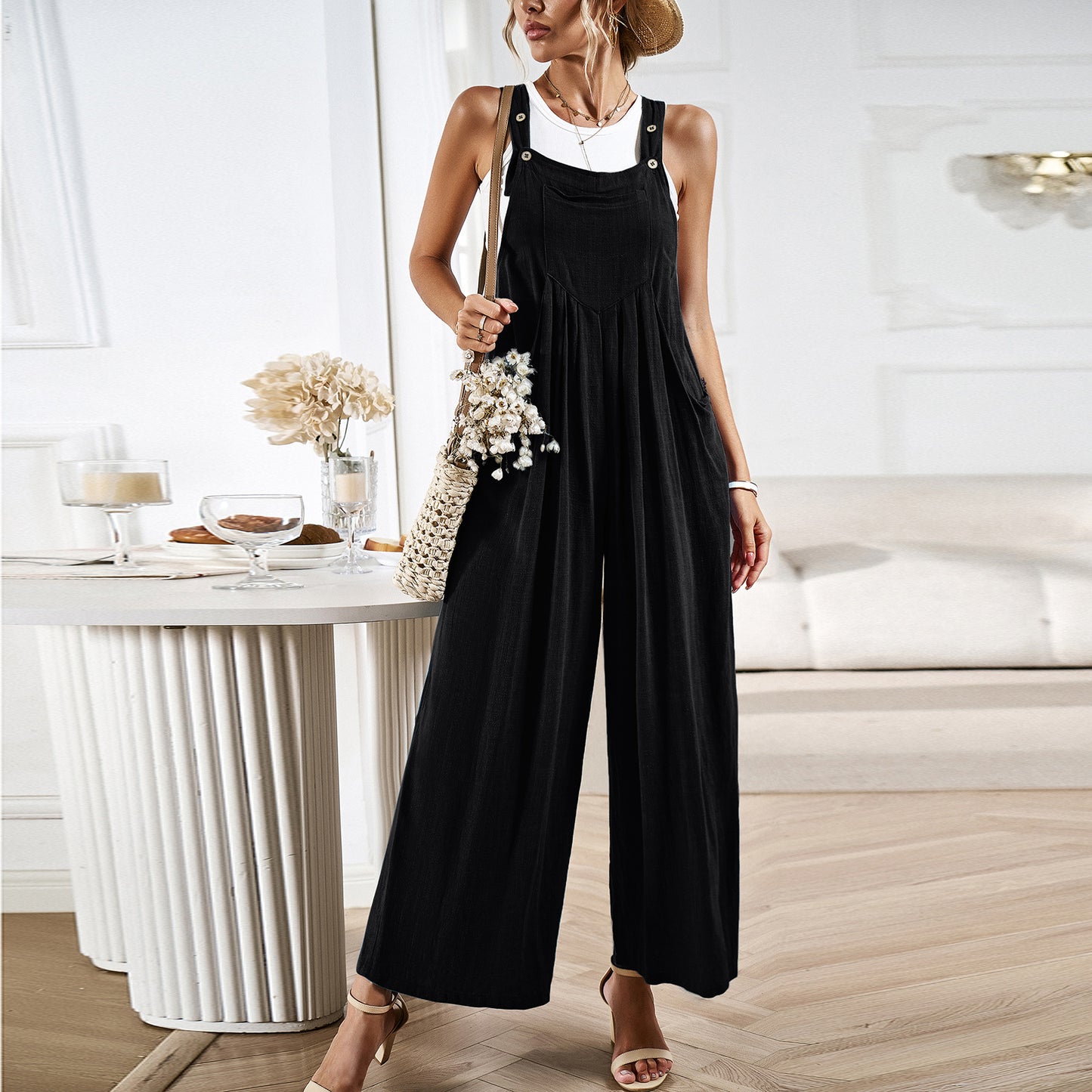 Women's Solid Color Suspender Summer Loose Wide Leg Women's Jumpsuit/clothing