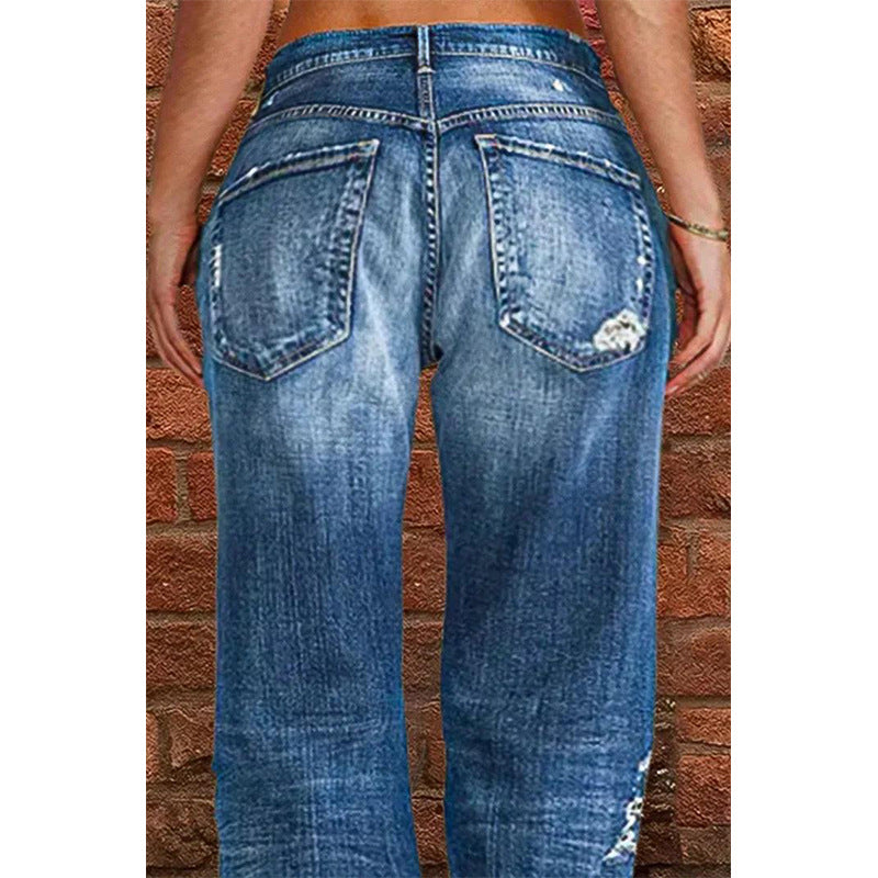 Women's Denim Trousers Trendy Mid Waist Ripped Jeans
