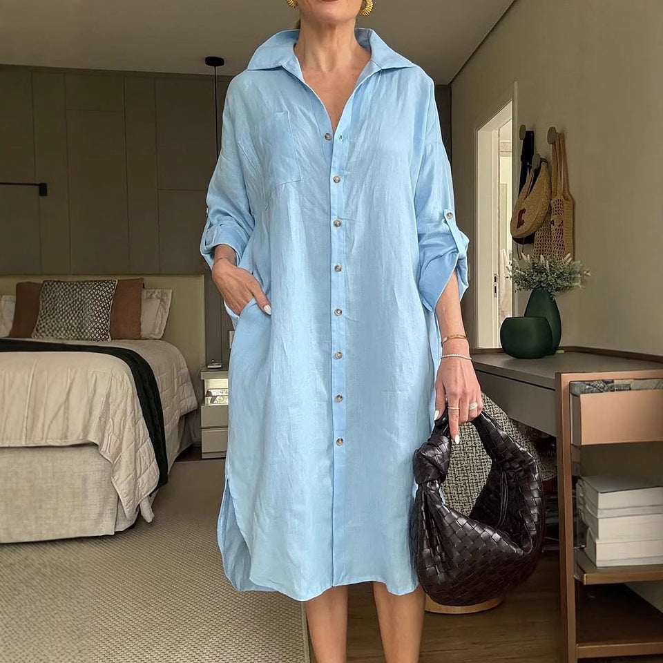 Women's Cotton Linen Shirtdress Fashion Casual Long Dress