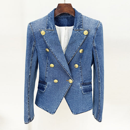 Durable Elegant Slim Double-breasted Washed Denim Small Suit