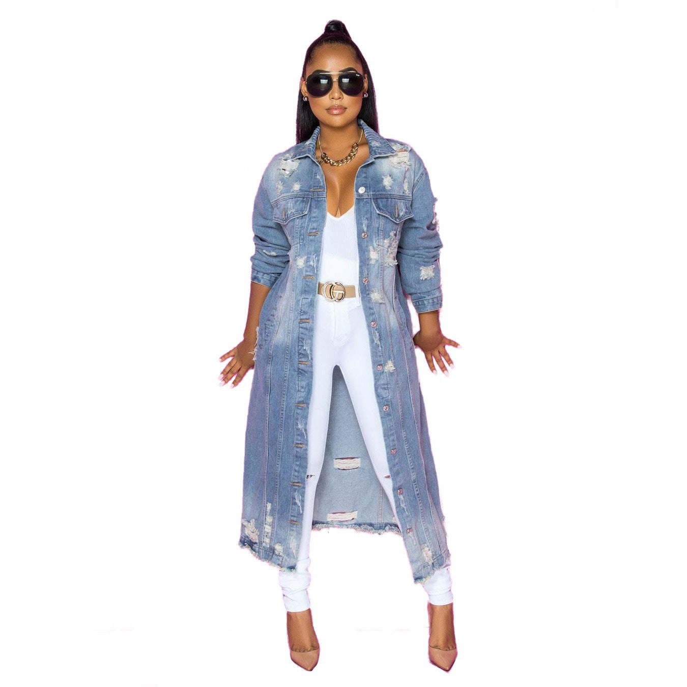Women's Version Blue With Holes Washed Loose Jackets